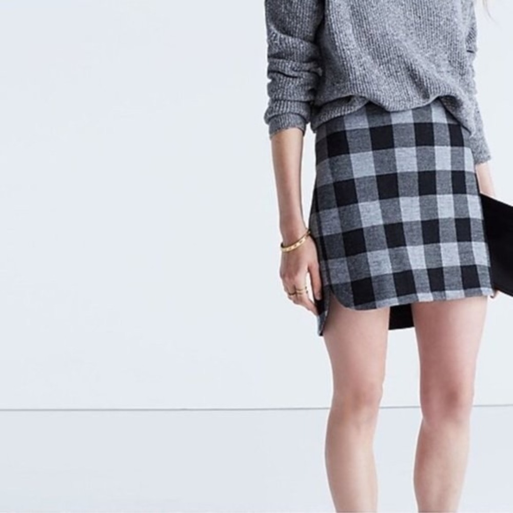 Madewell Buffalo Check Plaid Wool Blend‎ Mini Skirt Grey Black Women 12